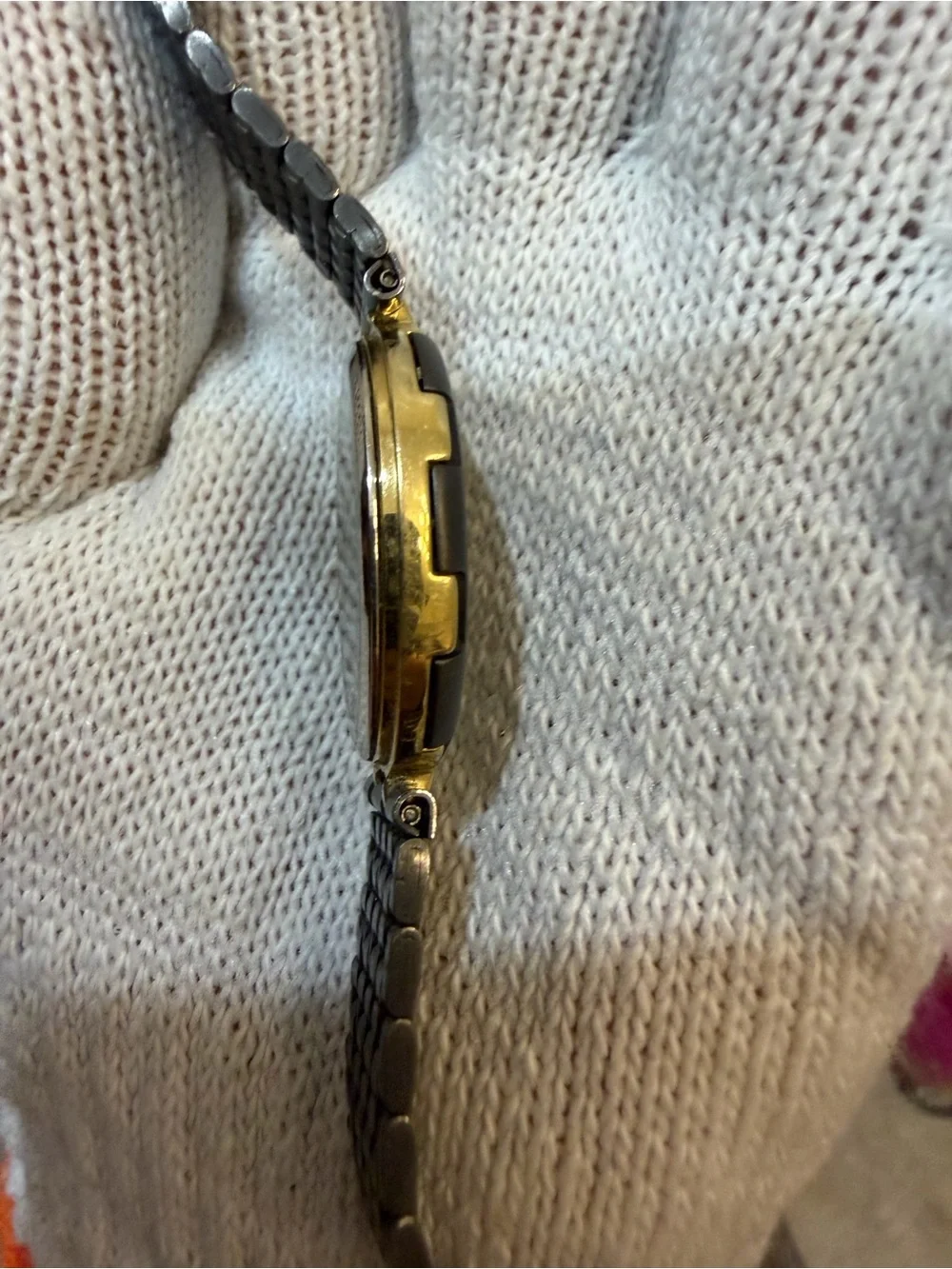 Vintage Bulova Women's Two-Tone Dress Watch Black Geometric Dial Date 60-10 32mm